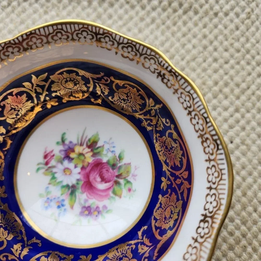 Paragon Teacup and Saucer Cobalt Gold Floral Cabbage Rose Flower Made in England